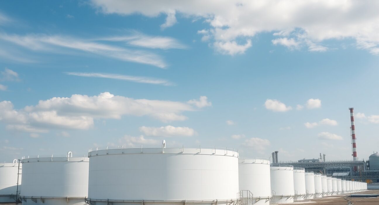 Aerial view of crude oil storage tanks at a refinery, representing U.S. petroleum inventory data.