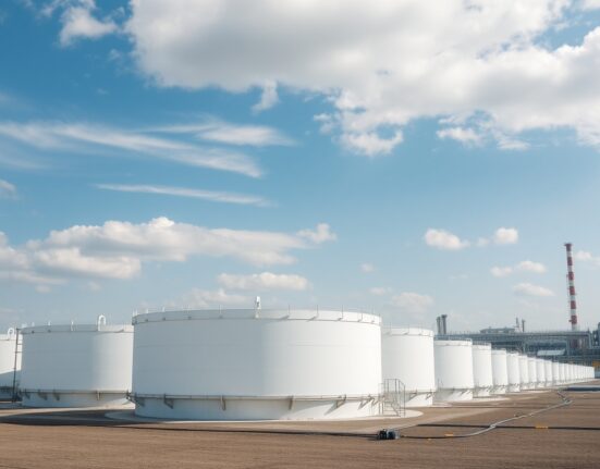 Aerial view of crude oil storage tanks at a refinery, representing U.S. petroleum inventory data.