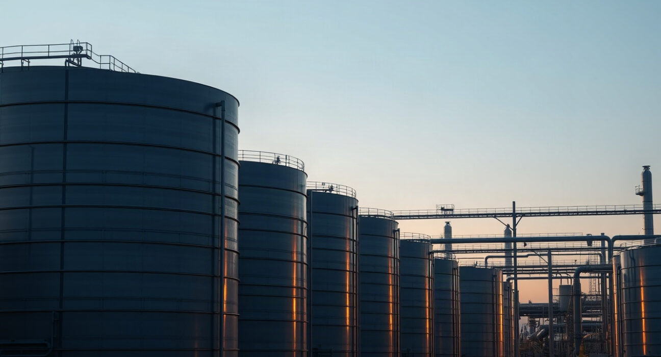 Aerial view of oil storage tanks at a refinery, illustrating US crude oil inventory levels.