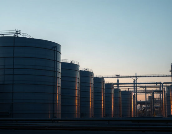 Aerial view of oil storage tanks at a refinery, illustrating US crude oil inventory levels.