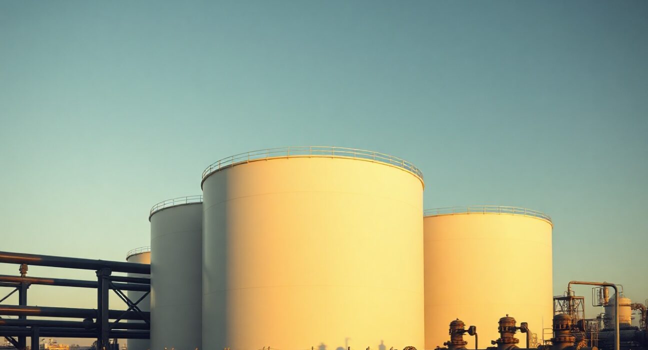 Aerial view of large crude oil storage tanks at an industrial facility at dusk.