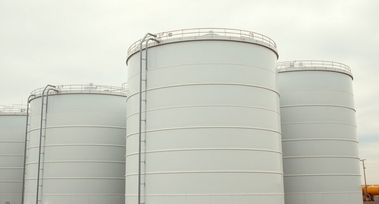 Aerial view of crude oil storage tanks at a tank farm in Cushing, Oklahoma
