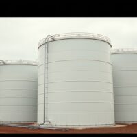 Aerial view of crude oil storage tanks at a tank farm in Cushing, Oklahoma