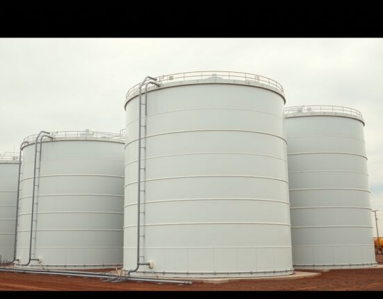 Aerial view of crude oil storage tanks at a tank farm in Cushing, Oklahoma