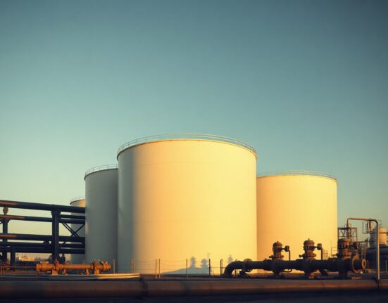 Aerial view of large crude oil storage tanks at an industrial facility at dusk.