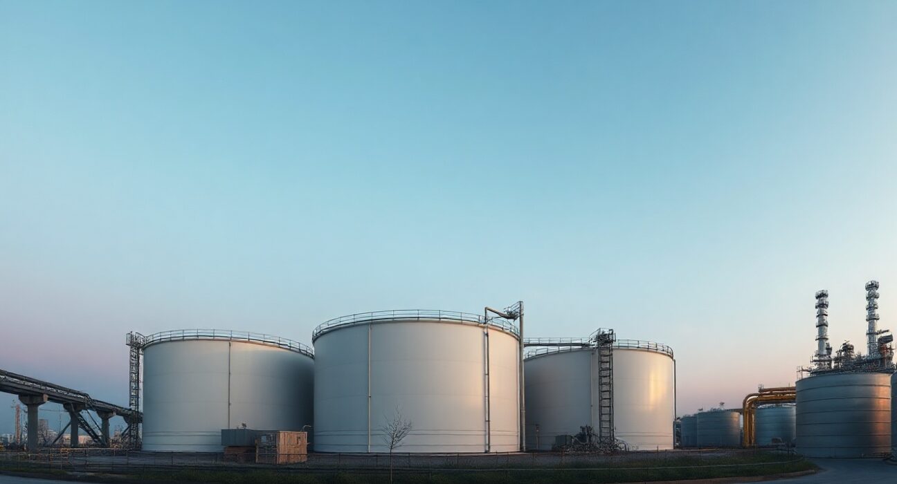Aerial view of oil storage tanks at a refinery during twilight