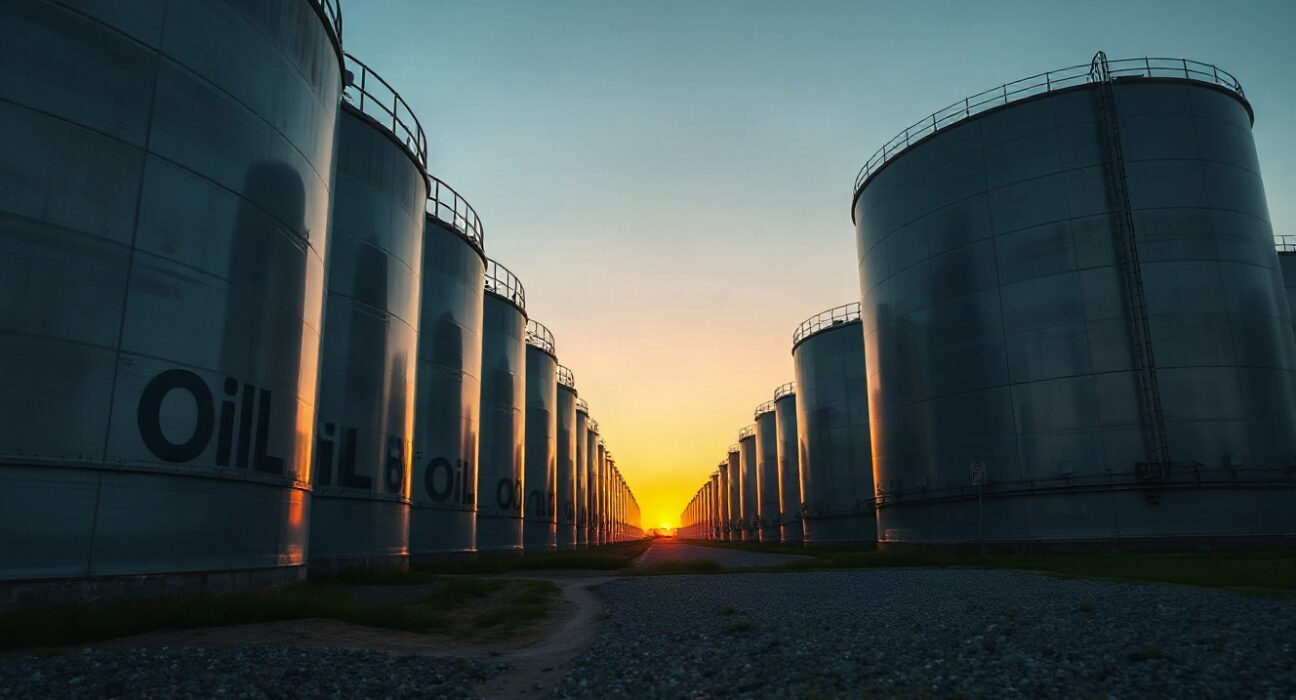 Aerial view of oil storage tanks at a terminal, representing US crude oil inventory changes.