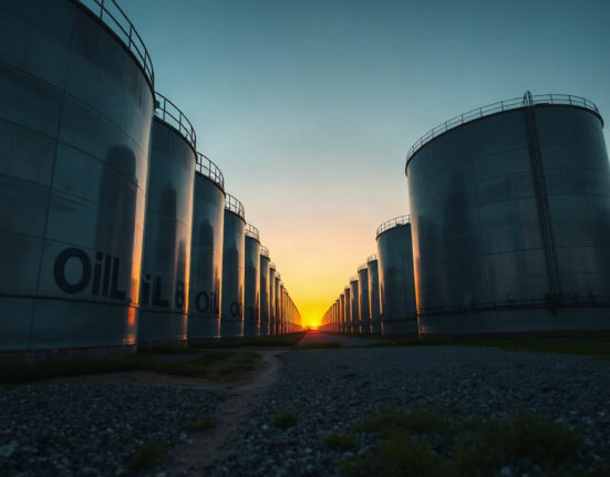 Aerial view of oil storage tanks at a terminal, representing US crude oil inventory changes.