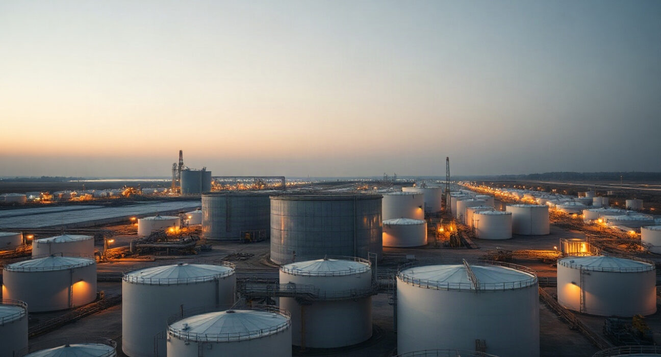 Aerial view of large crude oil storage tanks at an industrial facility, illustrating a significant build in US inventories.