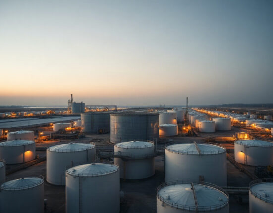 Aerial view of large crude oil storage tanks at an industrial facility, illustrating a significant build in US inventories.