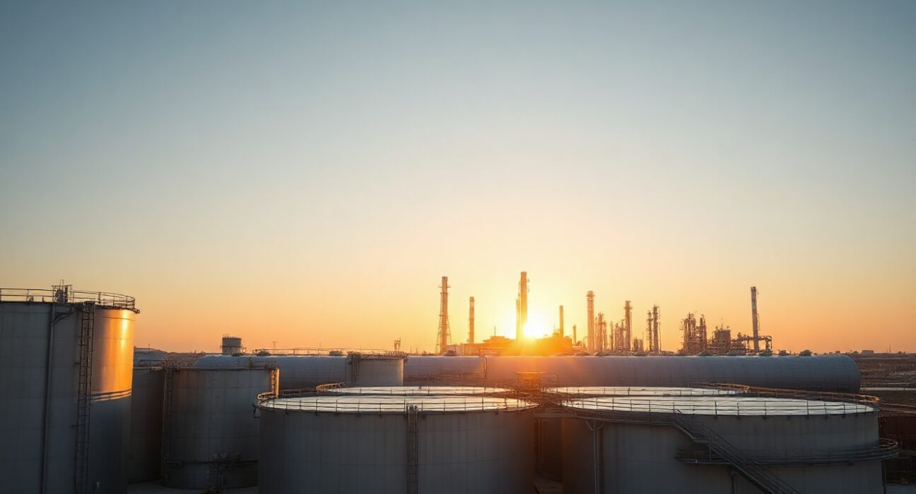 Aerial view of a large crude oil storage facility with tanks and pipelines