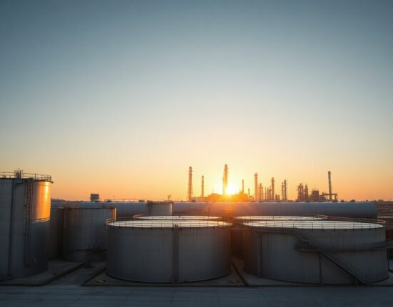 Aerial view of a large crude oil storage facility with tanks and pipelines