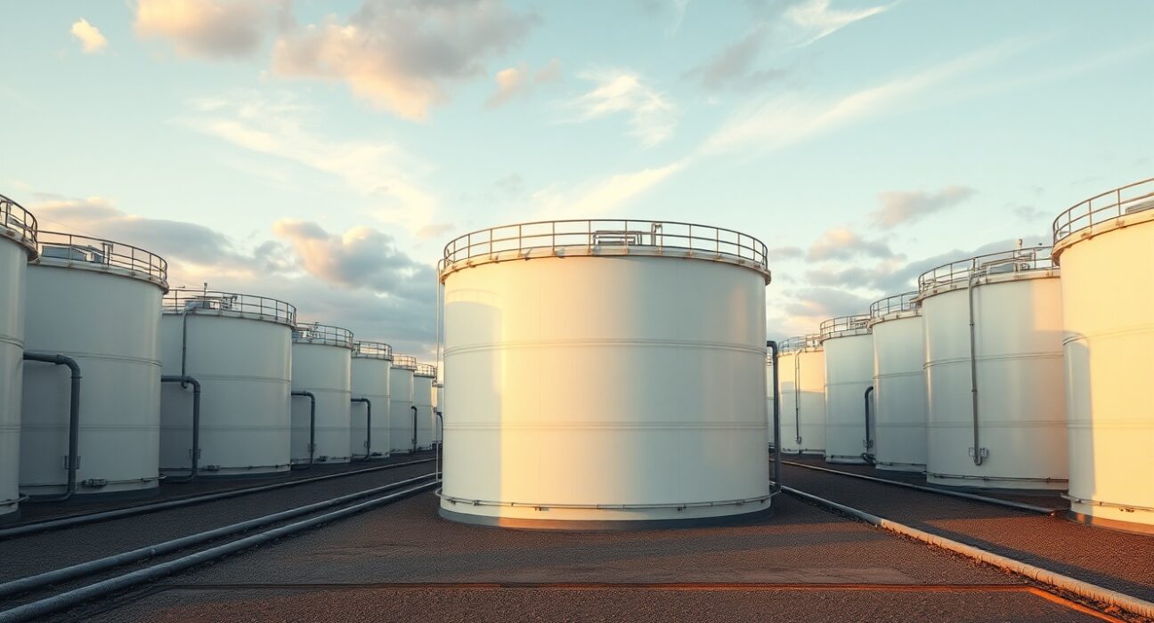 Aerial view of oil storage tanks at a large terminal facility during evening light