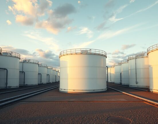Aerial view of oil storage tanks at a large terminal facility during evening light