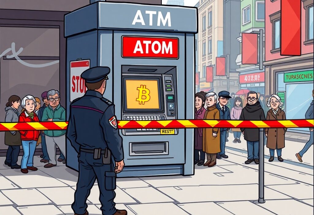 A cartoon illustration showing a crypto ATM under restriction, symbolizing U.S. efforts to combat crypto ATM fraud and enhance digital asset security.