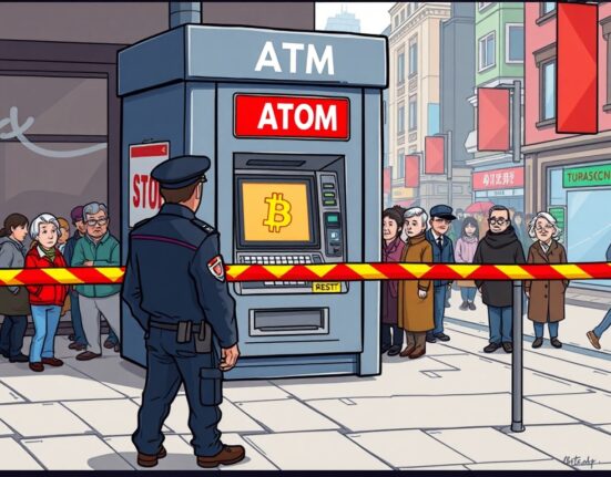 A cartoon illustration showing a crypto ATM under restriction, symbolizing U.S. efforts to combat crypto ATM fraud and enhance digital asset security.