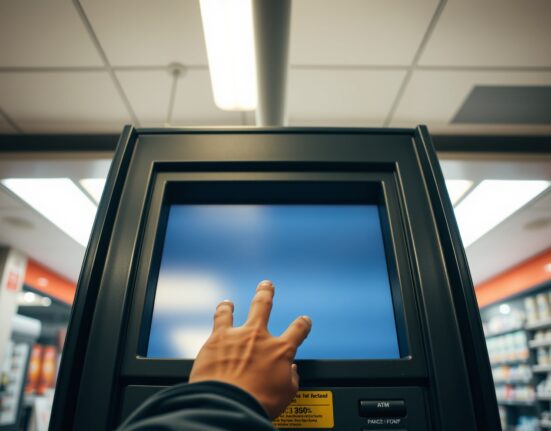 Cryptocurrency ATM kiosk involved in rising fraud cases causing $333 million in losses.