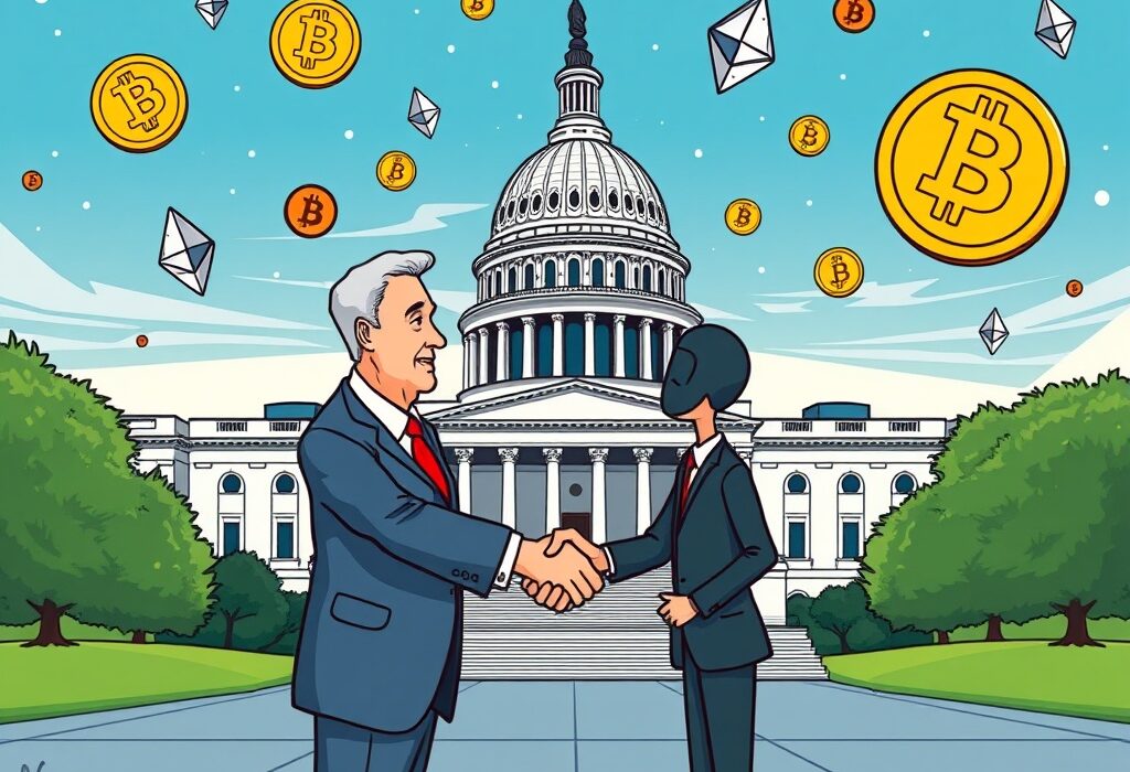 Cartoon illustration showing a US Senator and crypto enthusiast shaking hands, symbolizing legislative progress on the US crypto bill.