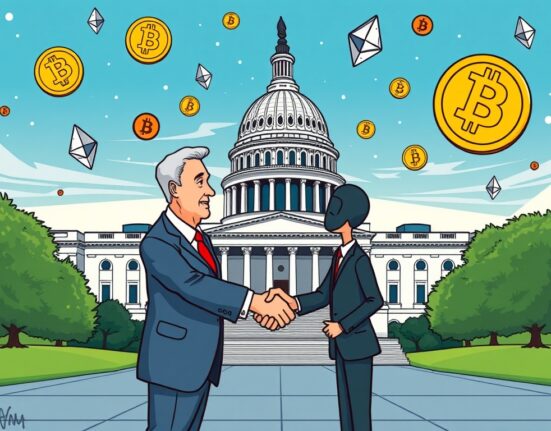 Cartoon illustration showing a US Senator and crypto enthusiast shaking hands, symbolizing legislative progress on the US crypto bill.