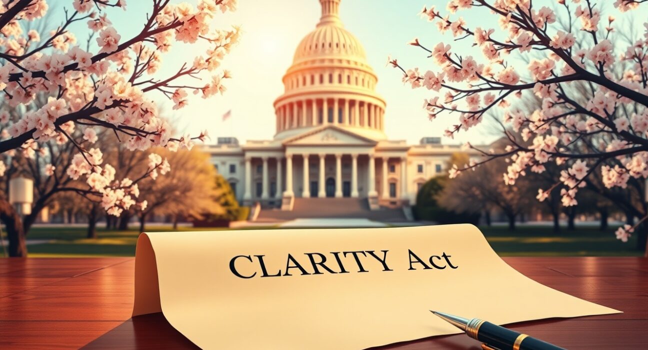 US Capitol building with CLARITY Act document on desk, symbolizing the crypto bill vote in May