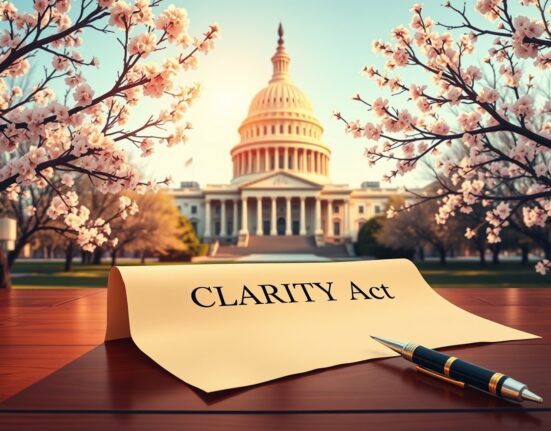 US Capitol building with CLARITY Act document on desk, symbolizing the crypto bill vote in May