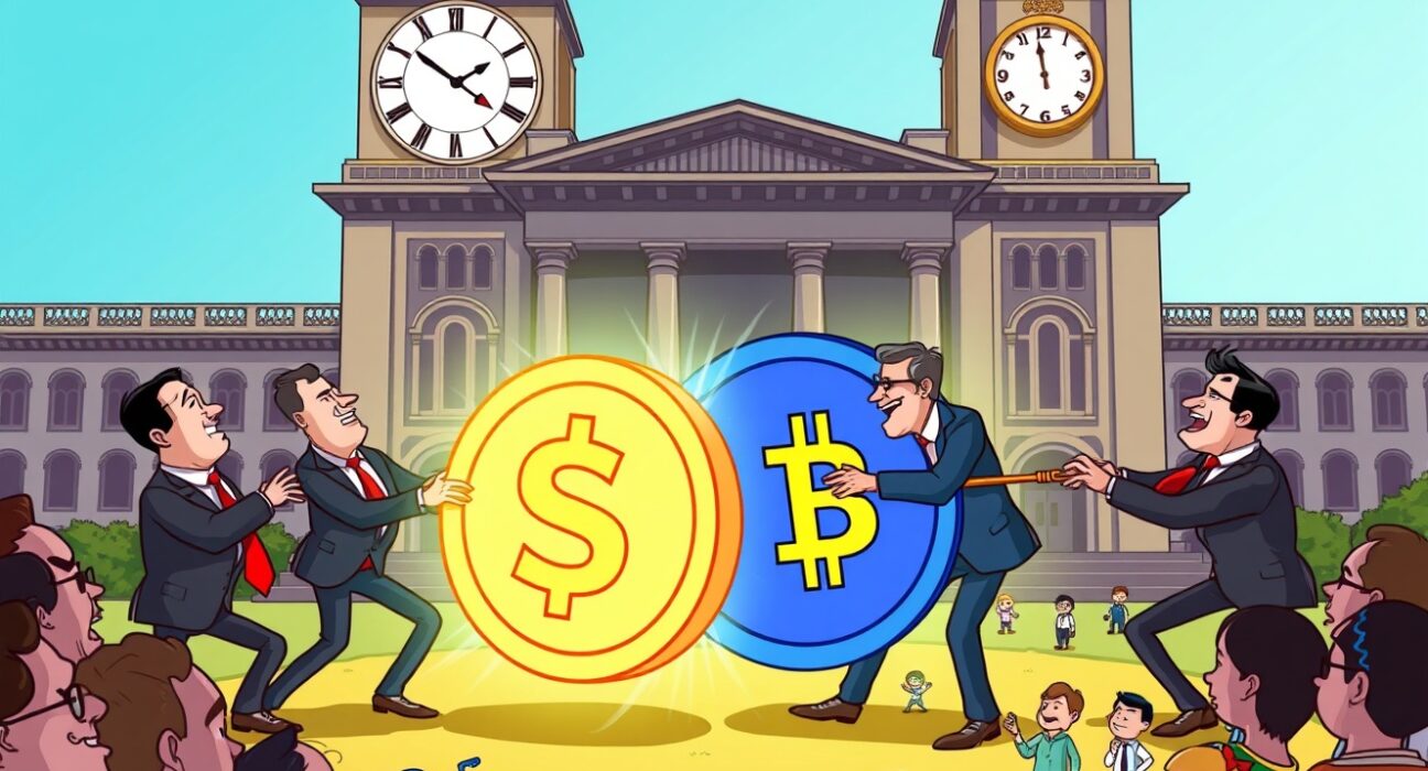 Cartoon illustration of the delayed US crypto bill negotiations with lawmakers debating a digital coin.