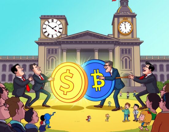 Cartoon illustration of the delayed US crypto bill negotiations with lawmakers debating a digital coin.