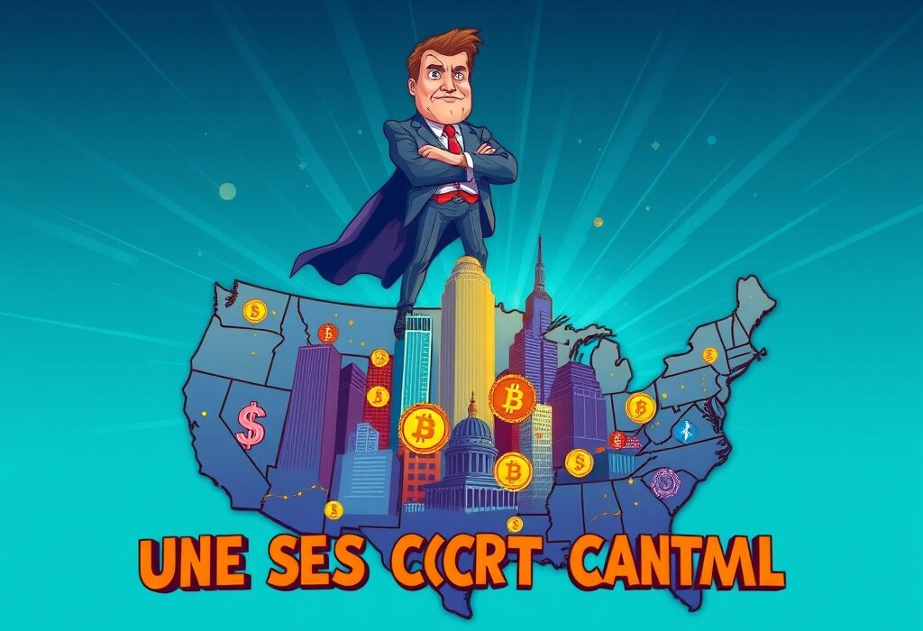 Cartoon illustration depicting the U.S. aiming to become the global U.S. crypto capital through regulatory initiatives.