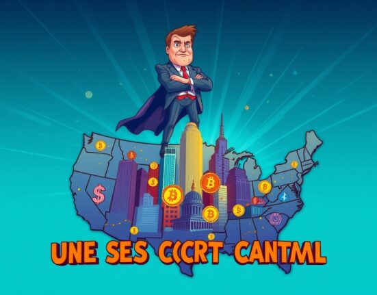 Cartoon illustration depicting the U.S. aiming to become the global U.S. crypto capital through regulatory initiatives.