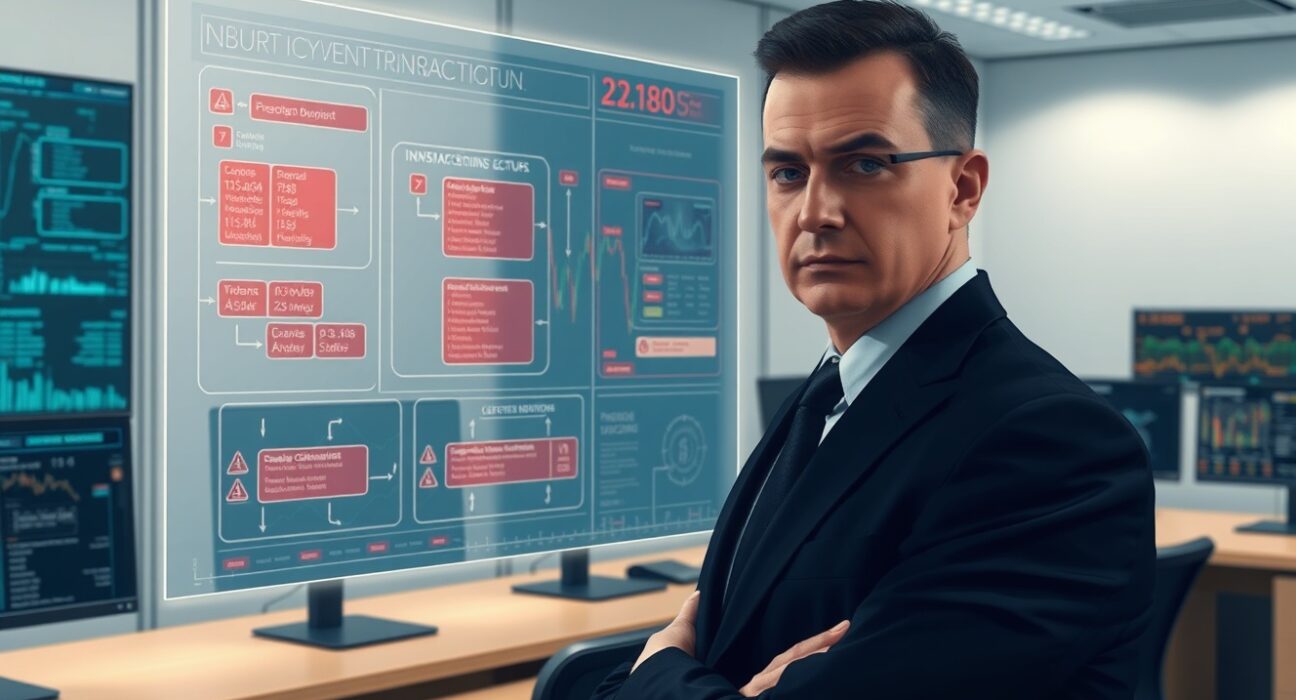 FBI agent investigating cryptocurrency fraud cases with transaction data visualization