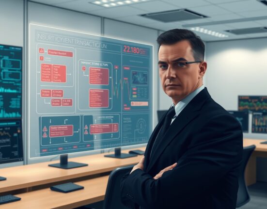 FBI agent investigating cryptocurrency fraud cases with transaction data visualization