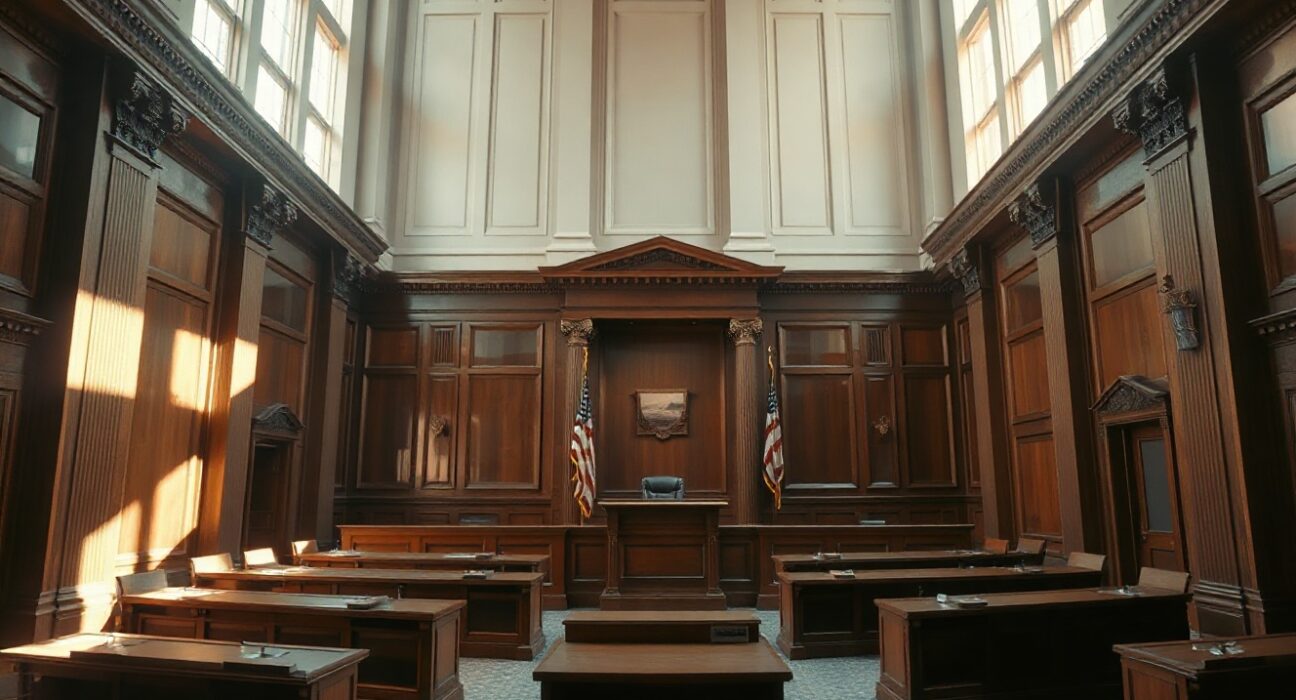 Interior of the US Capitol building House chamber with empty desks and speaker's rostrum.