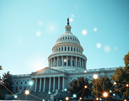 US Capitol building with digital blockchain network lines representing cryptocurrency mining and staking tax legislation