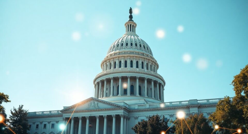 US Capitol building with digital blockchain network lines representing cryptocurrency mining and staking tax legislation