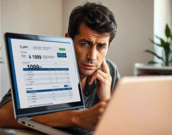 Concerned cryptocurrency investor reviewing 1099-DA tax form and portfolio on laptop, highlighting confusion over crypto tax rules.