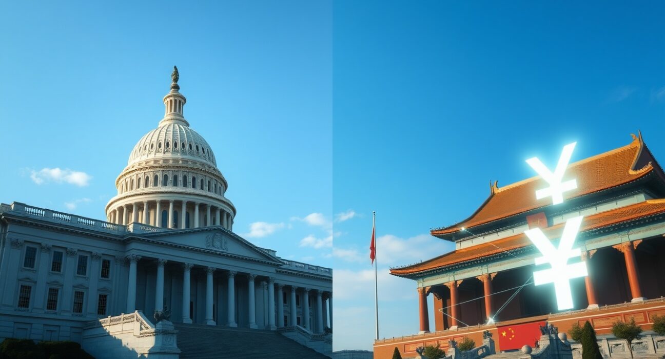US Capitol and China's Great Hall of the People split scene representing geopolitical stakes of US crypto laws