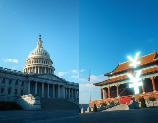 US Capitol and China's Great Hall of the People split scene representing geopolitical stakes of US crypto laws