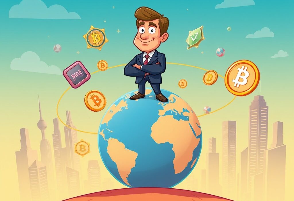 Cartoon illustration symbolizing US crypto leadership with an official overseeing digital asset growth and regulation.