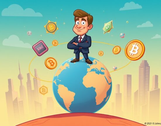 Cartoon illustration symbolizing US crypto leadership with an official overseeing digital asset growth and regulation.