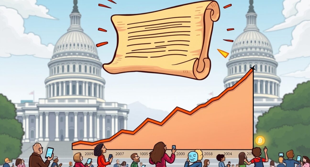 Cartoon showing US crypto legislation influencing a stable crypto market cycle, attracting new investors.