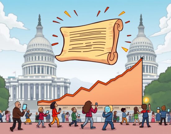 Cartoon showing US crypto legislation influencing a stable crypto market cycle, attracting new investors.