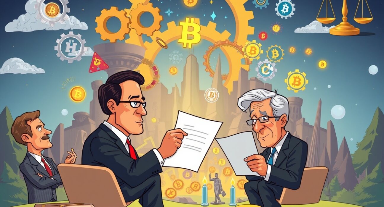 A cartoon illustration showing US Senators discussing the new US crypto market regulation framework, highlighting clarity and consumer protection in digital assets.