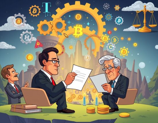 A cartoon illustration showing US Senators discussing the new US crypto market regulation framework, highlighting clarity and consumer protection in digital assets.