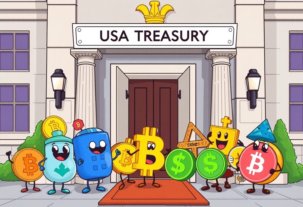 An optimistic cartoon showing crypto assets welcomed into a US Treasury building, symbolizing a new era for US crypto policy.