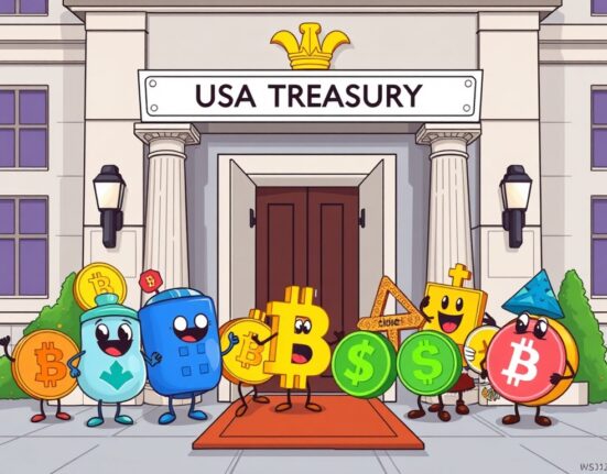 An optimistic cartoon showing crypto assets welcomed into a US Treasury building, symbolizing a new era for US crypto policy.