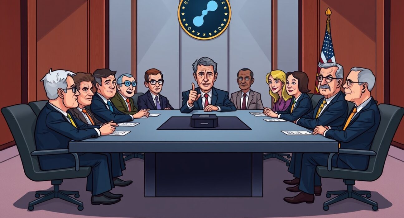 Cartoon illustration of US crypto regulation leaders and senators discussing digital asset legislation at a roundtable meeting.