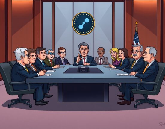 Cartoon illustration of US crypto regulation leaders and senators discussing digital asset legislation at a roundtable meeting.