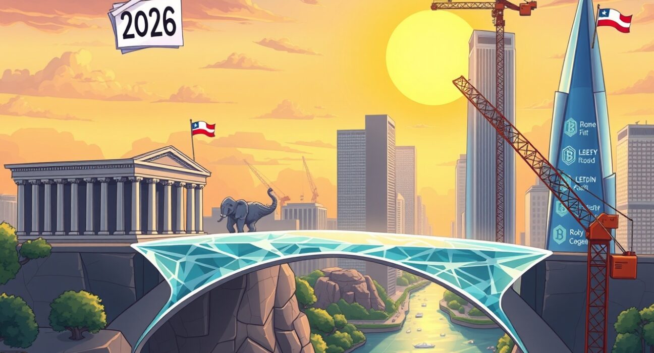 A vibrant cartoon of a bipartisan team building a US crypto regulatory framework bridge for 2026.