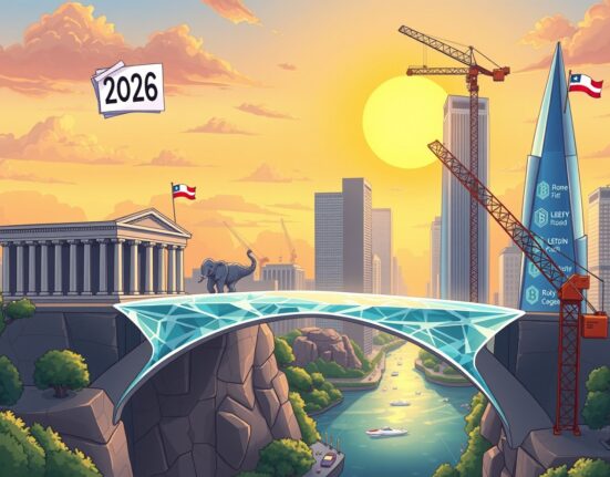 A vibrant cartoon of a bipartisan team building a US crypto regulatory framework bridge for 2026.