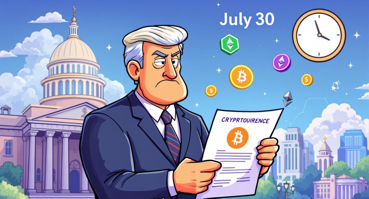 An illustration of a US official holding a significant US crypto report, signaling its potential impact on the cryptocurrency market.